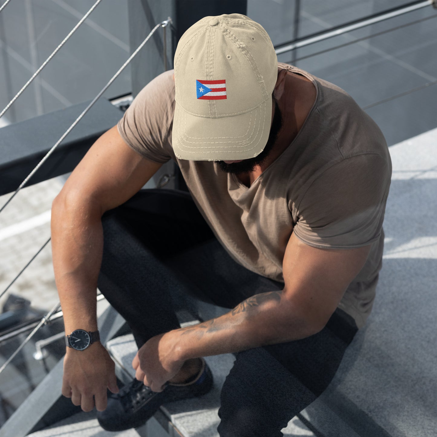 Puerto Rico Flag Embroidery Distressed Dad Hat