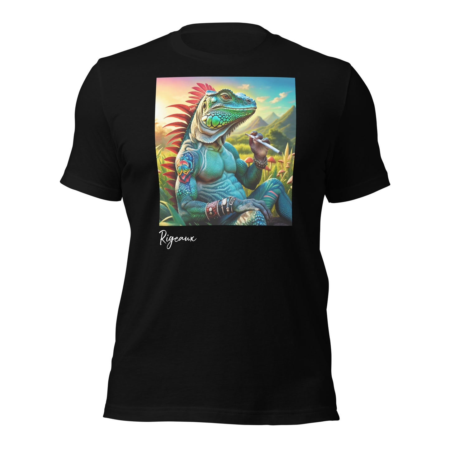 Iguana smoking on mushroom field Unisex t-shirt