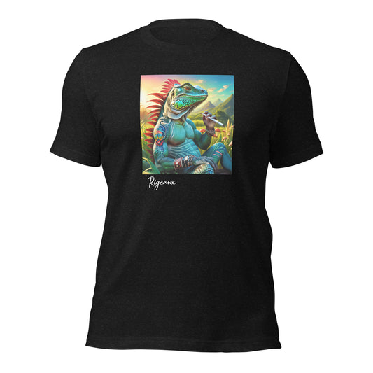 Iguana smoking on mushroom field Unisex t-shirt