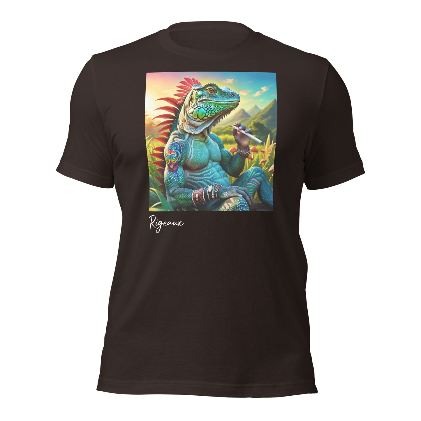 Iguana smoking on mushroom field Unisex t-shirt