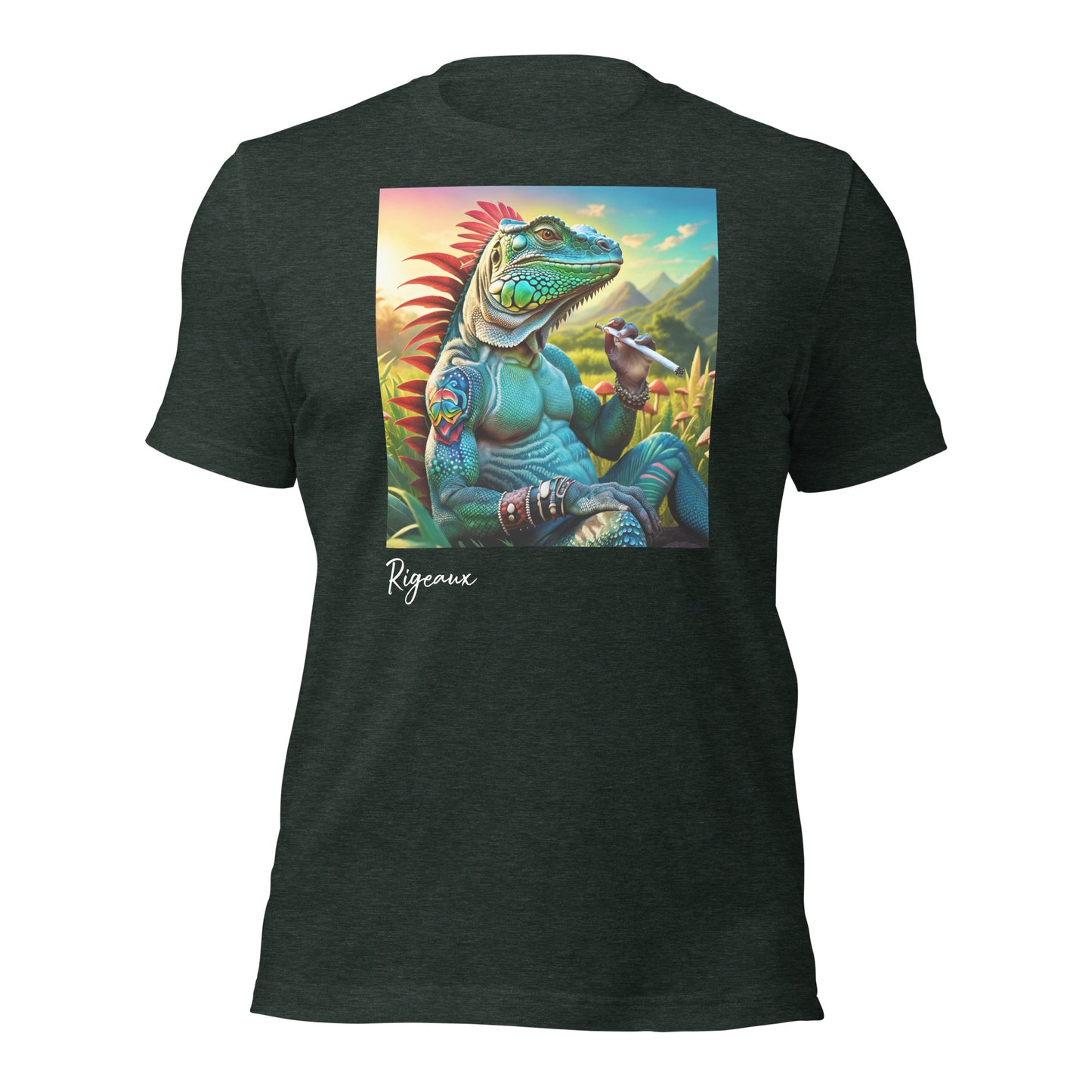 Iguana smoking on mushroom field Unisex t-shirt