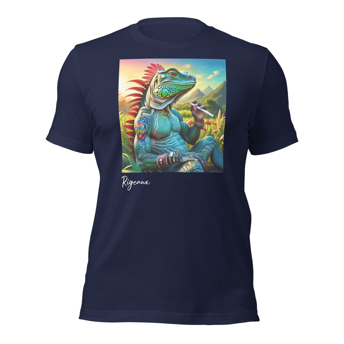 Iguana smoking on mushroom field Unisex t-shirt