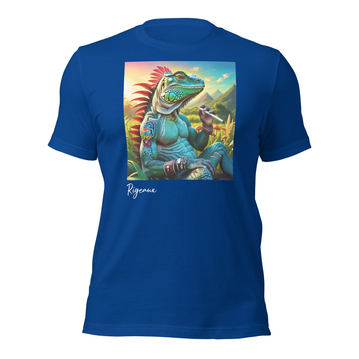 Iguana smoking on mushroom field Unisex t-shirt